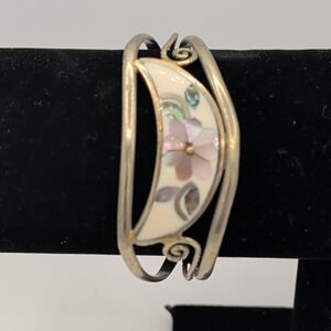Vintage Alpaca Mexico Abalone Shell Inlay Floral Cuff Bracelet Silver Tone